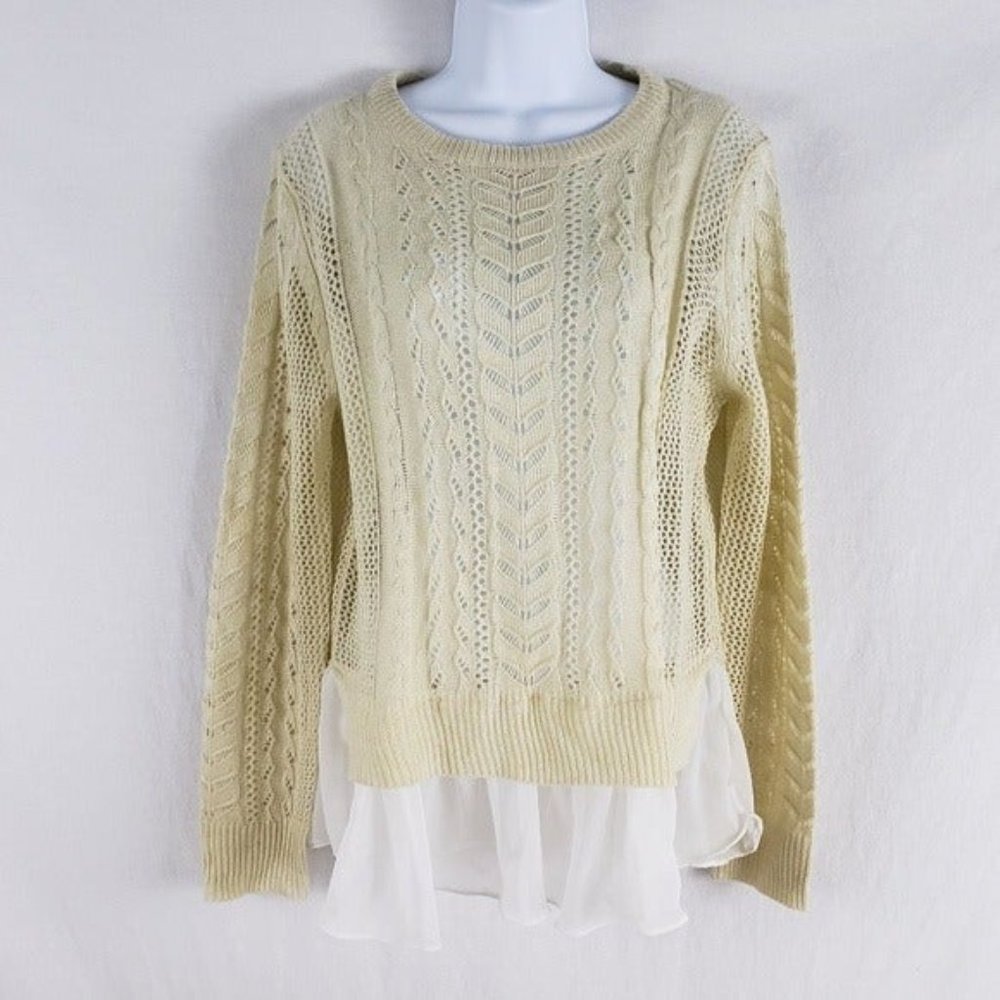 POL Sweater Aran Knit Crew Ruffle Shirt Hem Ivory